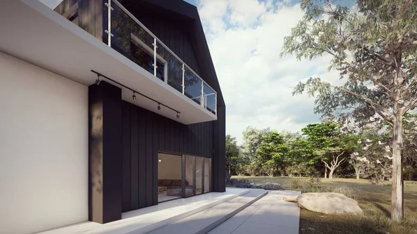 Pahalı ikametgah siyah lüks modern ev. Güneşli 3D resimli yeşil bahçe.