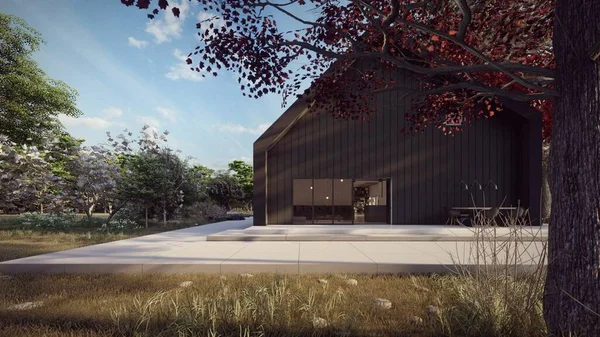 Yazın ağaç 3 boyutlu resimli siyah çatı katı modern evi