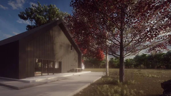 siyah modern ev yaz çimenleri ve ağaç ön planda 3D illüstrasyon