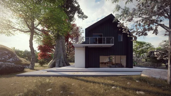 Czarny Biały Współczesny Luksusowy Dom Architektura Projekt Ilustracja — Zdjęcie stockowe