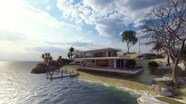 Lüks modern ev yüksekliği deniz manzarası 3D illüstrasyon