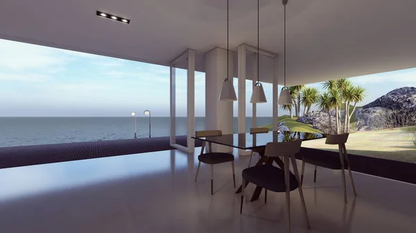 Lüks modern ev, deniz ve bahçe arkaplanlarının iç kısımları.