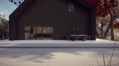 Teras lüks siyah ev projesinde ağaçların arka planı 3 boyutlu illüstrasyon