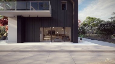 Giriş yüksekliği dış lüks siyah ev konsepti 3D illüstrasyon