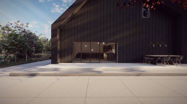 Yan taraftaki beton teras lüks siyah çağdaş ev mimari tasarımı 3D illüstrasyon