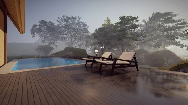 Tumbona Cubierta Madera Con Bosque Piscina Fondo Niebla Para Vacaciones —  Fotos de Stock