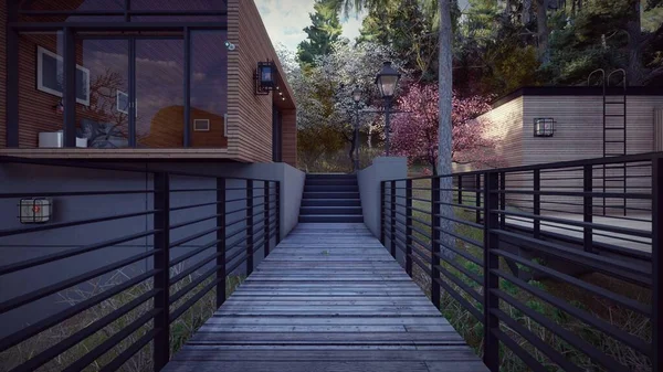 Tahta köprü orman manzarası izole tatil mimarisi 3D illüstrasyon