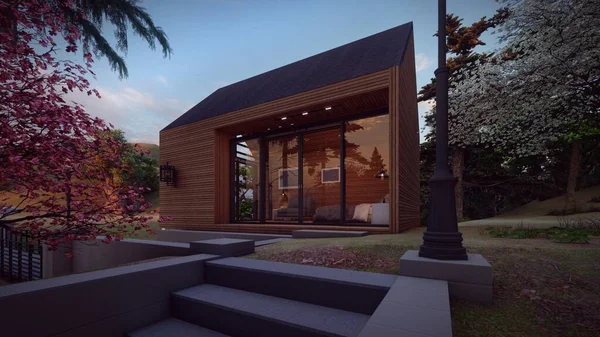 木制房屋外立面景观典雅窗体建筑设计3D图解 图库图片