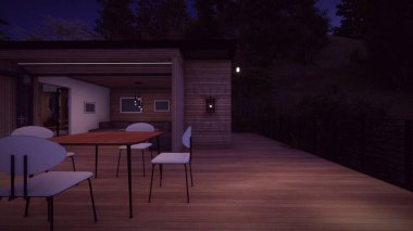 Modern ahşap evin ahşap güvertesinde masa ve sandalyeli açık hava salonu.