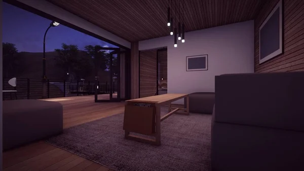 在现代木制房子的客厅里 有咖啡桌 夜间还有空旷的模拟相框和自然景观 — 图库照片