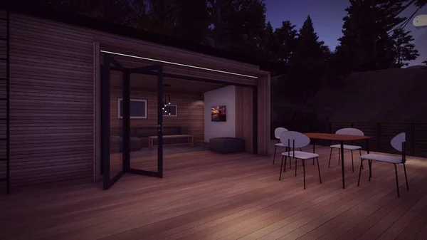 outdoor lounge with table and chair on the timber deck at modern wooden house in the night outdoor indoor view nature view 3d illustration