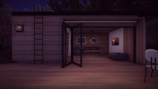 室外休憩室在现代木板房木地板上设有桌椅 夜间室外室内观景门开启3D插画 — 图库照片