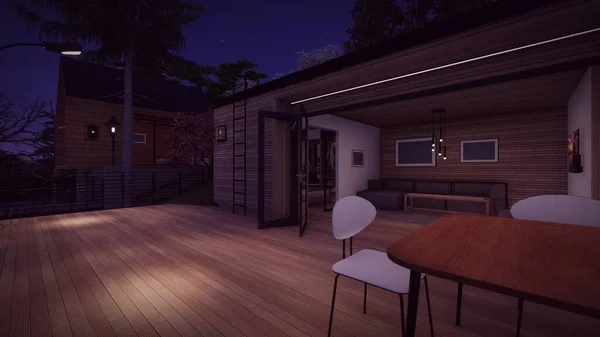 outdoor lounge with table and chair on the timber deck at modern wooden house in the night outdoor indoor view 3d illustration