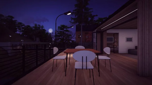 夜晚月光下现代木房子的木制甲板上 有桌子和椅子的室外休息厅 — 图库照片