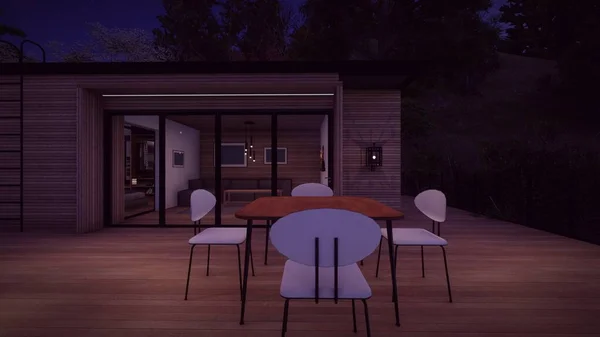 outdoor lounge with table and chair on the timber deck at modern wooden house in the night 3d illustration