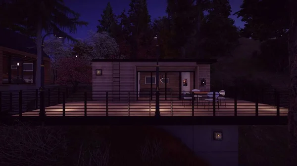 3D插图夜光下立木房屋建筑设计自然背景 — 图库照片