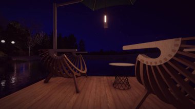 Nehir kenarındaki terasta dış mobilyalar. Akşam ışığı. Yıldızlar 3 boyutlu illüstrasyonla.