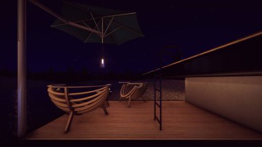 Nehir kenarındaki terasta, gece ışığında, üzerinde üç boyutlu karanlık yıldızlar olan koltuk ve kahve masası.