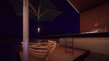 Akşamları nehir kıyısındaki güvertedeki koltuk ve sehpanın üzerinde yıldızlar ve koyu gökyüzü üç boyutlu bir illüstrasyonla.