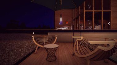 Akşamları nehir kenarındaki güvertedeki koltuk ve kahve masası yıldızların mimari tasarım konsepti 3D illüstrasyonla açılır.