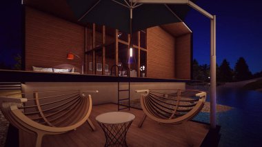 Nehir kenarındaki güvertedeki koltuk ve sehpanın üzerinde yıldızlı 3D çizimler var.