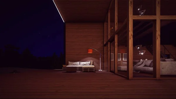 terrace living with sofa and lamp in the wooden tropical house with large window in the evening dark sky and stars 3d illustration