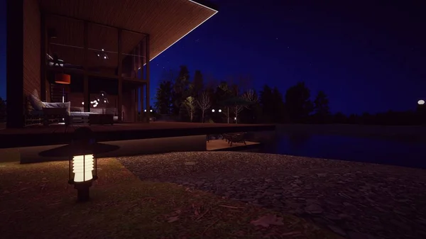 热带木制房屋外观设计 夜空中漆黑的天空 漆黑的森林 小星星3D插图 免版税图库照片