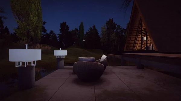 outdoor lounge in triangle house design concepts black forest and dark sky with stars background for camp 3d illustration