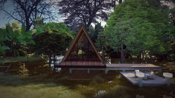 Conceptos Diseño Cabaña Madera Triángulo Hojas Borrosas Fondo Del Bosque — Foto de Stock