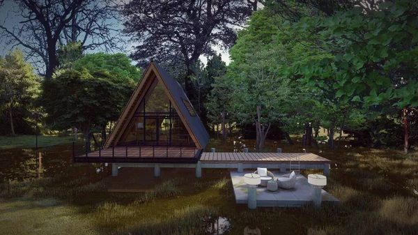 Casa Triangular Con Conceptos Diseño Muebles Exterior Fondo Del Bosque — Foto de Stock