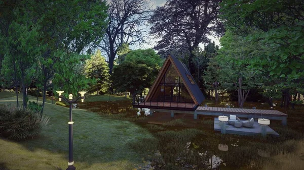Göl ormanı arka planında 3D resim kampı için üçgen ev tasarımı kavramları