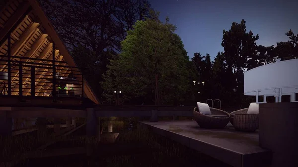 浅湖暗色森林背景下简约三角形木屋设计概念3D营地图解 免版税图库照片