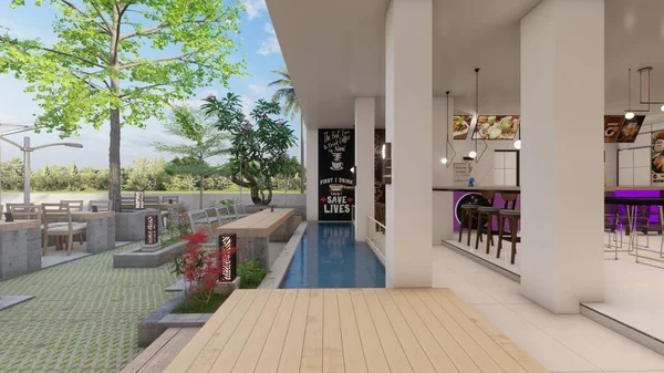 Kahve dükkanı giriş havuzu mimari tasarımı afiş ve menü modelleme 3D illüstrasyon