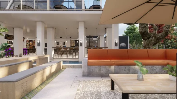 Afiş ve menü modelleme 3D resimli beton kafe mimari tasarımı