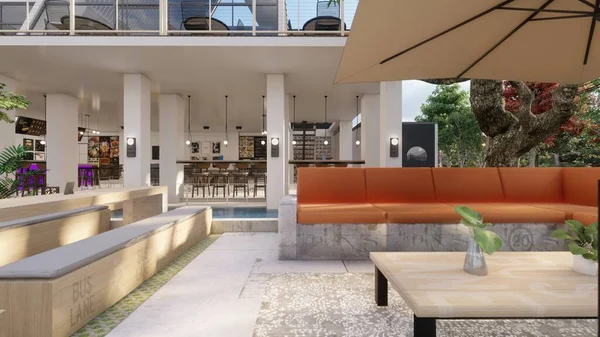 户外休息室混凝土咖啡店建筑设计与横幅和菜单造型3D插图 图库照片