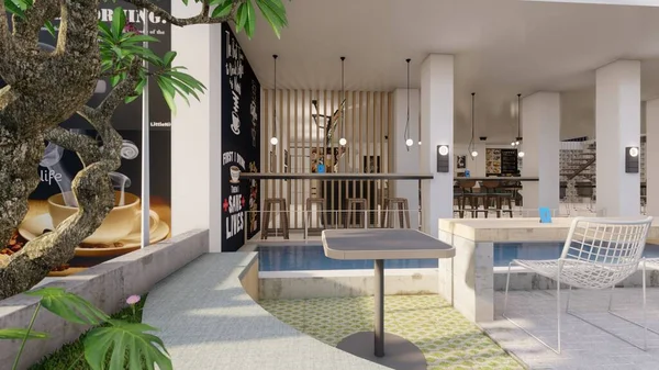 咖啡店室外休憩室建筑设计与横幅和菜单造型3D插图 图库图片