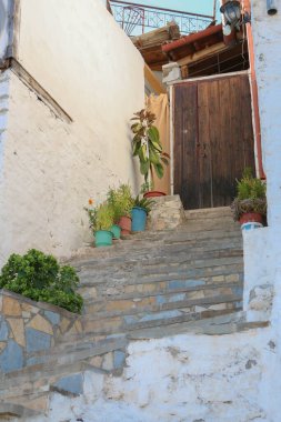 Arnavutluk 'un Berat kentinde tipik sokaklar ve güzel kapıları ve çiçekleri olan geleneksel evler