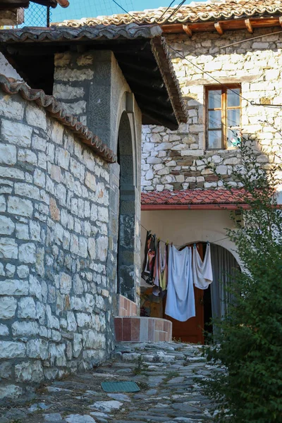 Calles Típicas Casas Tradicionales Con Bonitas Puertas Flores Ciudad Berat — Foto de Stock