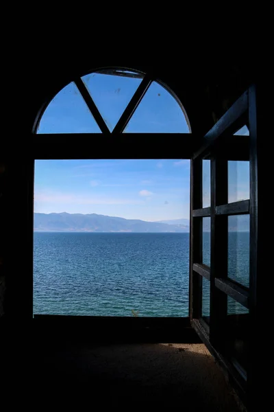 Vista Del Lago Ohrid Desde Una Ventana Monasterio Saint Naum — Foto de Stock