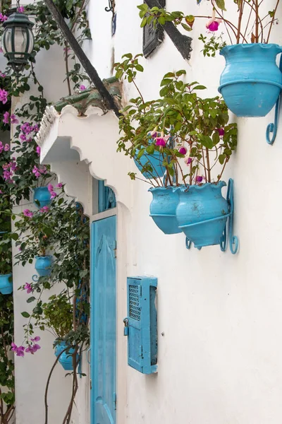 Tanca 'daki tipik Fas evi, mavi kapılı, çömlekli, beyaz duvarlı, mor çiçekli güzel bitkilerle süslenmiş..