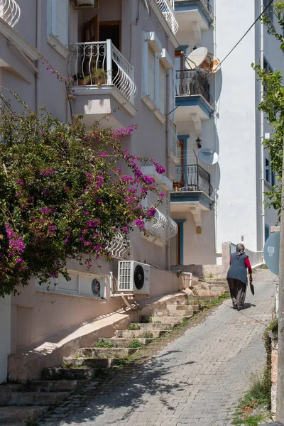 Typowa Ulica Centrum Kas Turcja Białe Budynki Kwitnące Drzewa — Zdjęcie stockowe