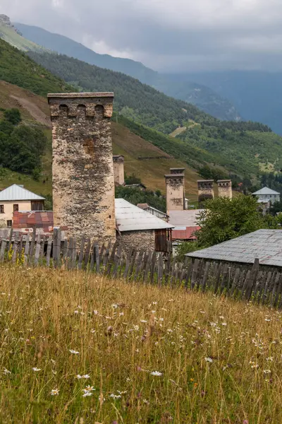 View Houses Tsaldashi Village Towers Svan Trek Town Mestia Ushguli — Stock Photo, Image