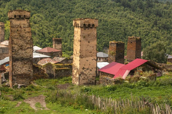 Typical Houses Caucasus Mountain Range Svan Towers Mestia Ushguli Trekking — Stock Photo, Image