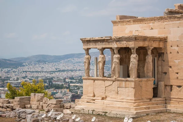 Sculptures in the Ancient temple of Athena on the Acropolis of Athens, Greece. Without people. 