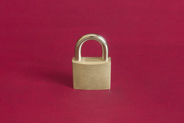 Two golden keys are joined by a metal ring on a colorful studio background. Security and guaranty concept.