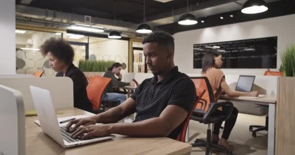 Olika kollegor som använder bärbara datorer på kontoret — Stockvideo