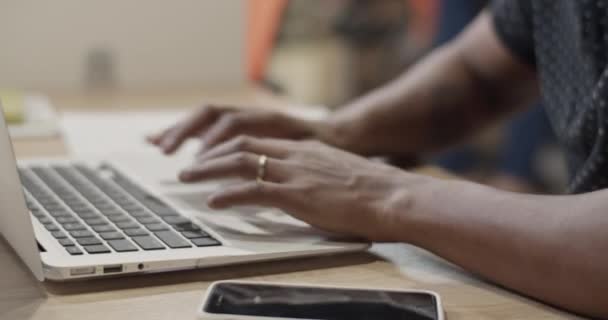 Black manager using laptop and making notes — Stock Video