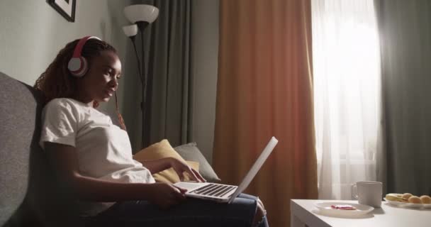 Merry Czarny Kobieta Śmieje Się Ogląda Film Laptopie Kanapie — Wideo stockowe