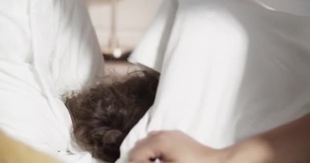 Cheerful Child Removing Blanket Face Laughing Bed Mom — Videoclip de stoc