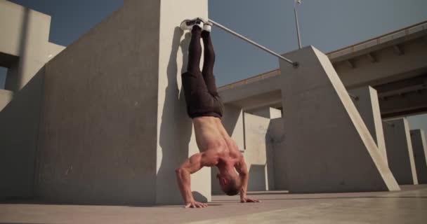 Shirtless Male Athlete Doing Handstand Push Ups Concrete Wall — Videoclip de stoc